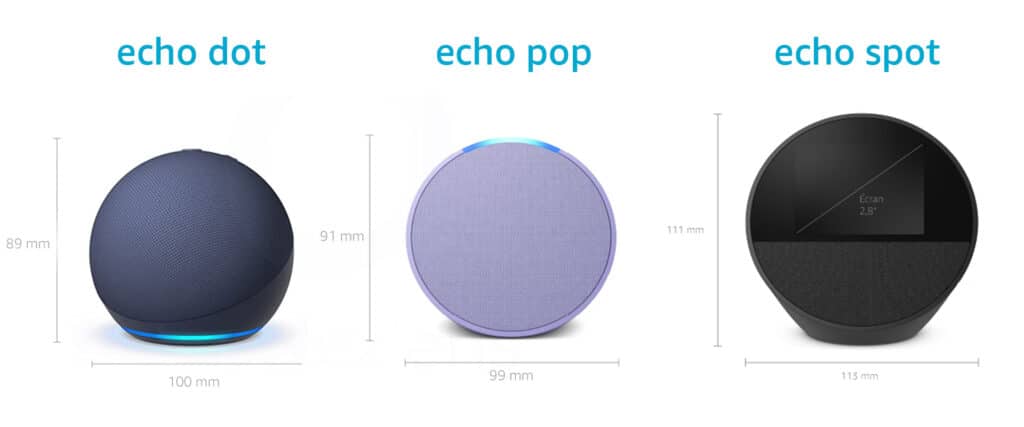 Echo Dot vs Echo Pop vs Echo Spot : comparaison des tailles